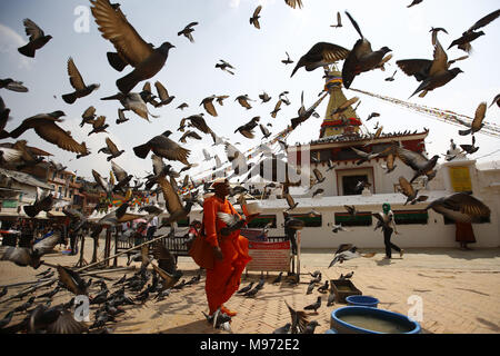 Kathmandu, Nepal. 23 Mär, 2018. Eine nepalesische Mönch trägt einen orangefarbenen robe Holding urn für Almosen wie eine Herde von Tauben nehmen Fluges vor Boudhanath Stupa im Unesco Weltkulturerbe in Kathmandu, Nepal am Freitag, 23. März 2018. Credit: Skanda Gautam/ZUMA Draht/Alamy leben Nachrichten Stockfoto