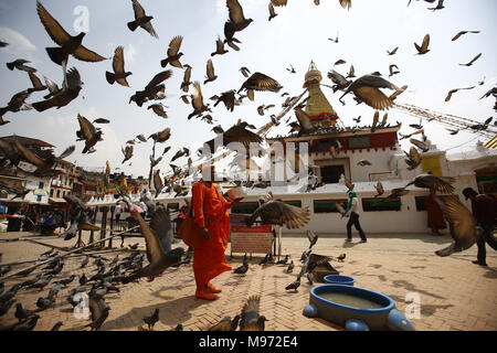 Kathmandu, Nepal. 23 Mär, 2018. Eine nepalesische Mönch trägt einen orangefarbenen robe Holding urn für Almosen wie eine Herde von Tauben nehmen Fluges vor Boudhanath Stupa im Unesco Weltkulturerbe in Kathmandu, Nepal am Freitag, 23. März 2018. Credit: Skanda Gautam/ZUMA Draht/Alamy leben Nachrichten Stockfoto