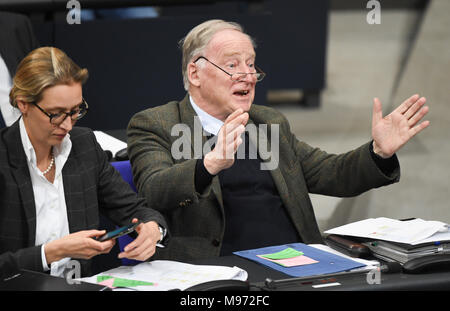 Berlin, Deutschland. 23. März 2018, Berlin, Deutschland. 22 März 2018, Deutschland, Berlin: Alice Weidel und Alexander Gauland der Alternative für Deutschland (AfD) sitzen im Deutschen Bundestag. Das Parlament diskutiert häusliche, Entwicklung und innere Angelegenheiten. Foto: Christophe Kirschtorte/dpa Quelle: dpa Picture alliance/Alamy leben Nachrichten Stockfoto