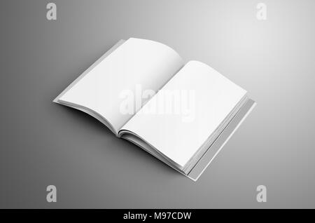 Universal leer geöffnet A4, (A5) Magazin mit weichen realistische Schatten auf grauem Hintergrund. Vorlage kann für die Vitrine verwendet werden. Stockfoto