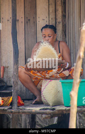 Weizen der Ernte der Spreu trennen aus dem Stroh. In Madagaskar fotografiert. Stockfoto