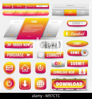 Sammlung von Web Buttons, Elemente einstellen. Vektor Vorlagen, Banner und Labels, Medien, Bänder Symbole für Website oder App, navigation Menu Bars. Stock Vektor