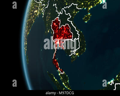 Orbit Ansicht von Thailand in Rot hervorgehoben mit sichtbaren Grenzen und die Lichter der Stadt auf dem Planeten Erde bei Nacht. 3D-Darstellung. Elemente dieses Bild f Stockfoto