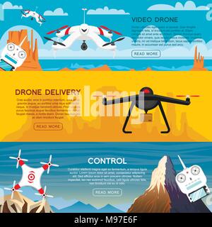 Moderne, Drohnen für und einer Fernbedienung. Video und Foto und Lieferung. Wissenschaft und Technologien. Radio Roboter mit Kamera in der Luft. Innovative Systeme. Hintergrund oder Poster. Stock Vektor