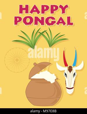 Eine Darstellung der Happy pongal Grußkarte mit überquellenden Topf Zuckerrohr eine Kuh den Kopf und Indien Symbol auf einem Senf Hintergrund Stock Vektor
