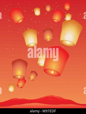 Ein Vektor Abbildung im EPS 10 Format eines chinesischen Laternenfest mit hellen Himmel Laternen auf einem roten und goldenen Hintergrund Stock Vektor