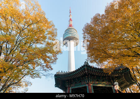 Seoul Tower mit gelben und roten Herbst Ahorn Blätter am Namsan Berg in Südkorea. Stockfoto