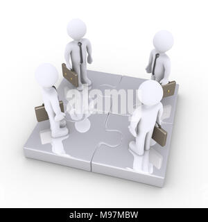 Vier 3d Geschäftsleute stehen auf verbundene Puzzleteile Stockfoto