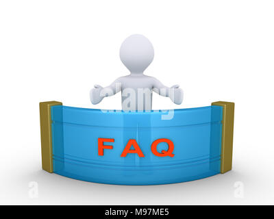 3D Person hinter einer Theke mit FAQ Buchstaben drauf Stockfoto