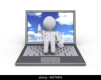 Person sitzt auf einem Laptop mit Himmel und Wolken auf dem Bildschirm Stockfoto