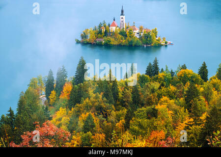 Schöne Herbstfarben auf dem See von Bled in Slowenien, Europa Stockfoto