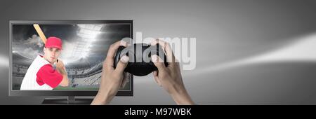 Hände halten Gaming Controller mit Baseballspieler im Fernsehen Stockfoto