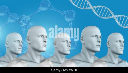 Klon 3D Männer in der Gruppe mit genetischen DNA Stockfoto