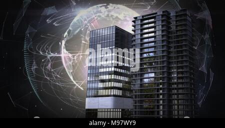 Hohe Gebäude mit Weltkugel energetischen Feld Stockfoto