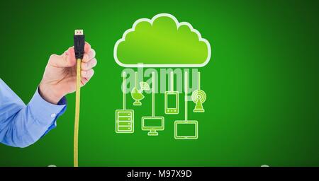 Hand Leiteranschluss mit Cloud Geräte Stockfoto