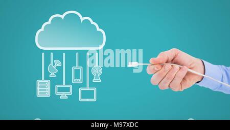 Hand Leiteranschluss mit Cloud Geräte Stockfoto