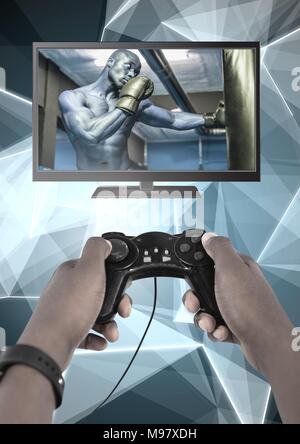 Hände halten Gaming Controller mit Boxer Kämpfer im Fernsehen Stockfoto