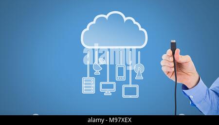 Hand Leiteranschluss mit Cloud Geräte Stockfoto
