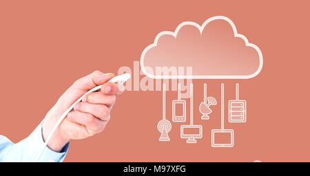 Hand Leiteranschluss mit Cloud Geräte Stockfoto