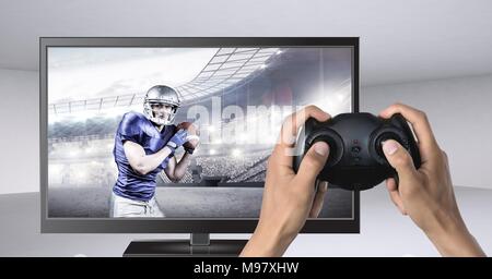 Hände halten Gaming Controller mit American football player im Fernsehen Stockfoto
