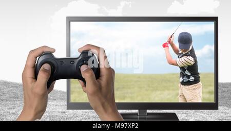 Hände halten Gaming Controller mit Golf Player im Fernsehen Stockfoto