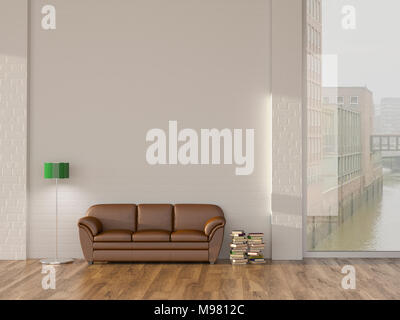 Stehleuchte und Sofa im Zimmer mit Büchern andview auf Hamburger Speicherstadt, 3D-Rendering Stockfoto