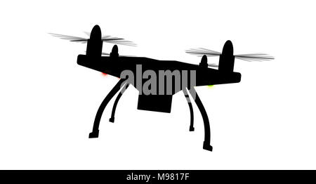 Drone Silhouette 3D-isoliert. Schwarz quadcopter mit rotierenden Propellern auf weißem Hintergrund. Stockfoto