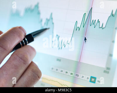 Hand eines Börsenmakler Analyse Line Graph auf Bildschirm Stockfoto