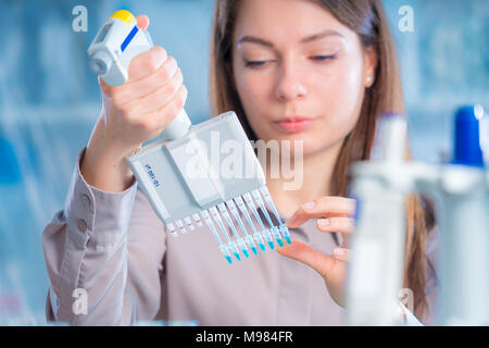 Student Frau mit multi Pipette und andere PCR-Produkte in der mikrobiologischen/genetischen Labor Stockfoto