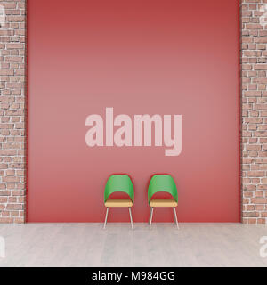 Zwei Stühle vor der Roten Wand, 3D-Rendering Stockfoto