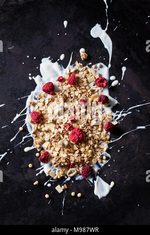 Schokolade Obst Müsli mit getrocknete Himbeeren auf Joghurt splash Stockfoto