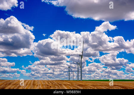 Wind Stromerzeuger sitzen in einem Feld mit Strom versorgt. Im östlichen Oregon. Stockfoto