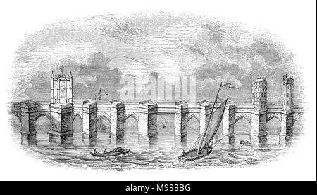 Die 'alten' London Bridge (1209 - 1831) über die Themse auf der Southwark Seite. König Heinrich II. beauftragt, eine neue Brücke aus Stein an die Stelle der alten, mit einer Kapelle im Zentrum widmet sich Becket als Märtyrer. Der Bau begann 1176 und wurde 1209 während der Herrschaft von König John beendet; es dauerte 33 Jahre. Stadt London, England Stockfoto