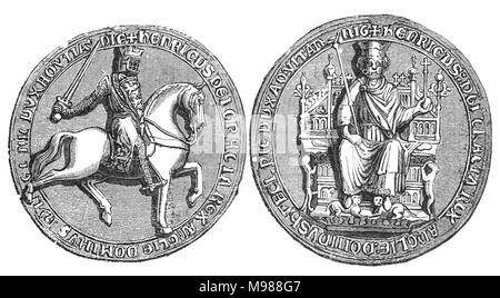 Das große Siegel von Heinrich III (1207 - 1272), auch als Henry von Winchester bekannt, war König von England, Lord von Irland, und Herzog von Aquitanien von 1216 bis zu seinem Tod. Der Sohn von König John und Isabella von Angoulême, Henry übernahm den Thron, wenn er nur neun wurde in der Mitte des Ersten Barons' Krieg. Stockfoto
