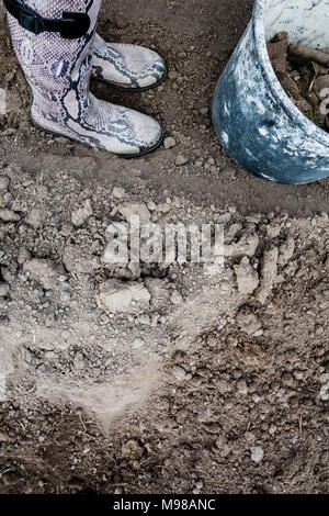 Menschliche Beine in Gummistiefel und alten Eimer in Farbe mit Steine und Unkraut in den fallenden, nach der Reinigung. Konzept arbeiten, kopieren. Film Effekt. Stockfoto