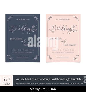 Hand doodle Hochzeit Einladungen Design Template erstellt. Hand Einladungen Hochzeit Karte Design mit Vintage blüht gezeichnet. Vintage wedding Card Design Vorlagen für Hochzeit Einladung Format. Stock Vektor