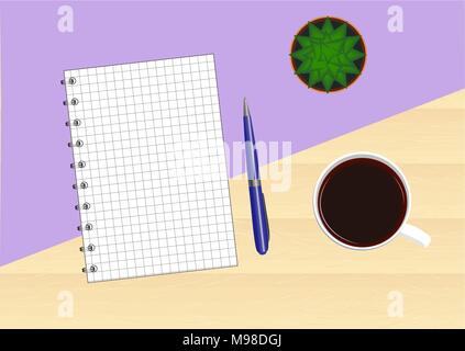 Holztisch mit einem violetten Hintergrund mit einem Notizblock, Kugelschreiber, Tasse Kaffee und Kakteen. Ansicht von oben Stock Vektor