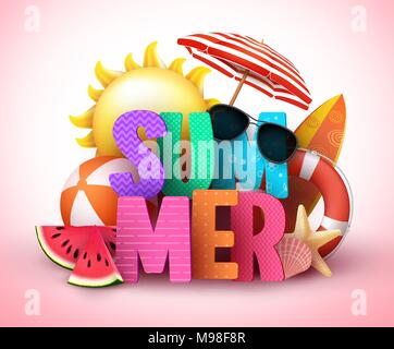 Sommer 3d-Text vector Banner Design mit bunten Titel und realistische tropischen Strand Elemente in einen Hintergrund für die Sommerferien. Stock Vektor