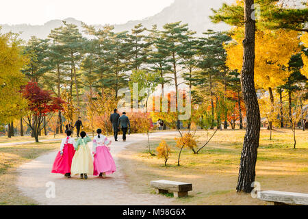 Seoul, Korea - 9 November, 2016: Mädchen mit Hanbok (traditionelle koreanische Kleid) und Herbst Ahorn in Gyeongbokgung Palast Stockfoto