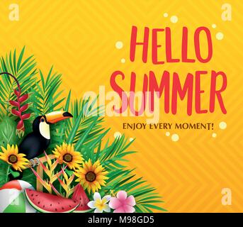 Hallo Sommer genießen jeden Augenblick Poster mit Toucan, Palmenblättern, Sonnenblumen Beach Ball und Wassermelone in Gelb Orange Gradient Hintergrund Stock Vektor