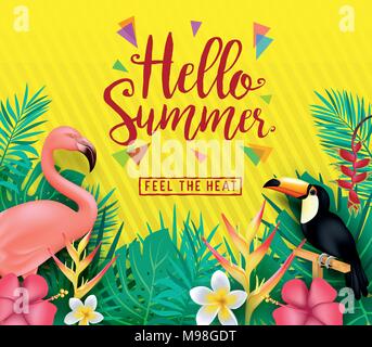 Hallo Sommer die Hitze spüren Plakat mit tropischen Blättern und Blüten in Gelb mit Muster. Vector Illustration Stock Vektor