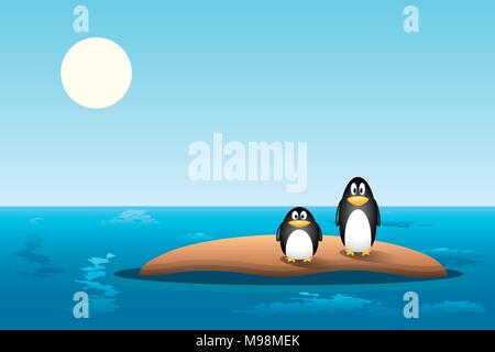 Zwei Pinguine hinter auf einer kleinen Insel aus Sand übrig sind, nachdem das Eis geschmolzen ist. Die globale Erwärmung Konzept, Klimawandel Stock Vektor