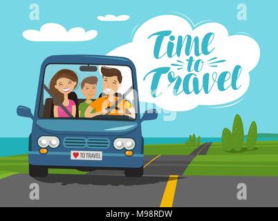 Die Zeit reisen, Konzept. Happy Family Fahrten mit dem Auto auf der Reise. Cartoon Vector Illustration Stock Vektor