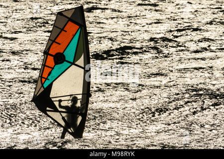 Les Arqueirons, Frankreich, Jan. 30, 2015 Windsurfer in der Abendsonne in der Camargue Stockfoto