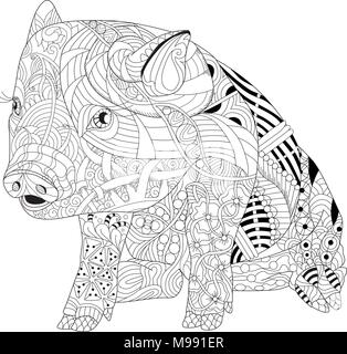 Zentangle Abbildung mit Schwein. Zentangle oder doodle Ferkel. Malbuch Haustiere. Stock Vektor