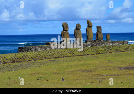 Moais am Ahu Tahai zeremoniellen Komplex in der Nähe von Hanga Roa, Rapa Nui (Osterinsel) Stockfoto