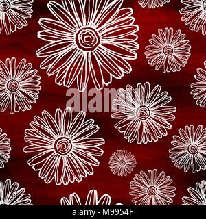 Kreidige Gänseblümchen auf einer abstrakten ruby Hintergrund. Nahtlose Muster von Chalk Gänseblümchen Stock Vektor