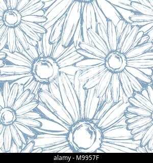 Nahtlose Muster von Chalk Gänseblümchen auf einer vintage Blau Stock Vektor