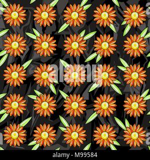 Nahtlose Muster von orange Gänseblümchen auf einem schwarzen Hintergrund Grau von harten Zahlen Stock Vektor
