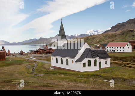 Ansicht der Norwegischen Kirche, Grytviken, Südgeorgien, Antarktis Stockfoto